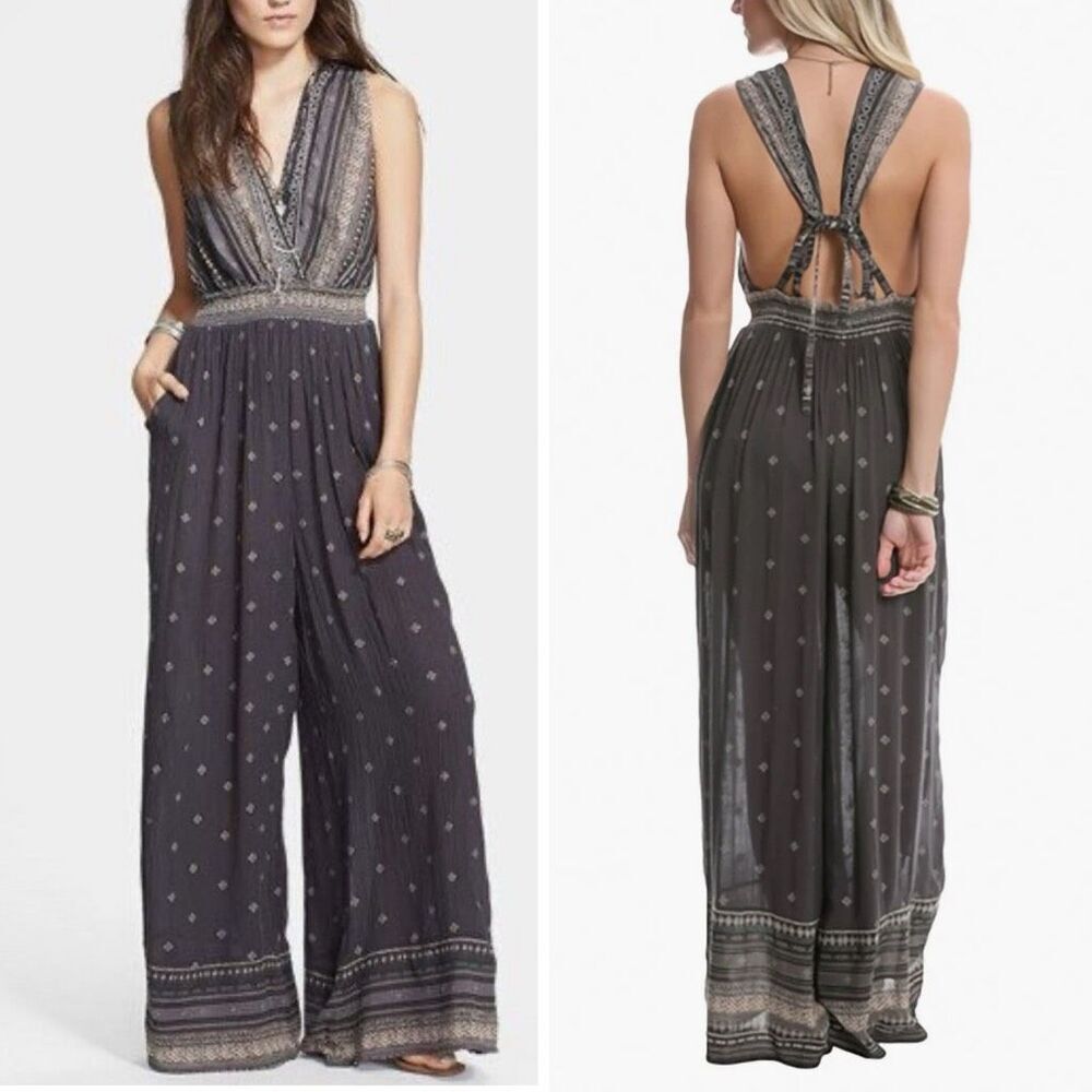 Free People Deep V Boho Jumpsuit Grey $168 S - Picture 1 of 11